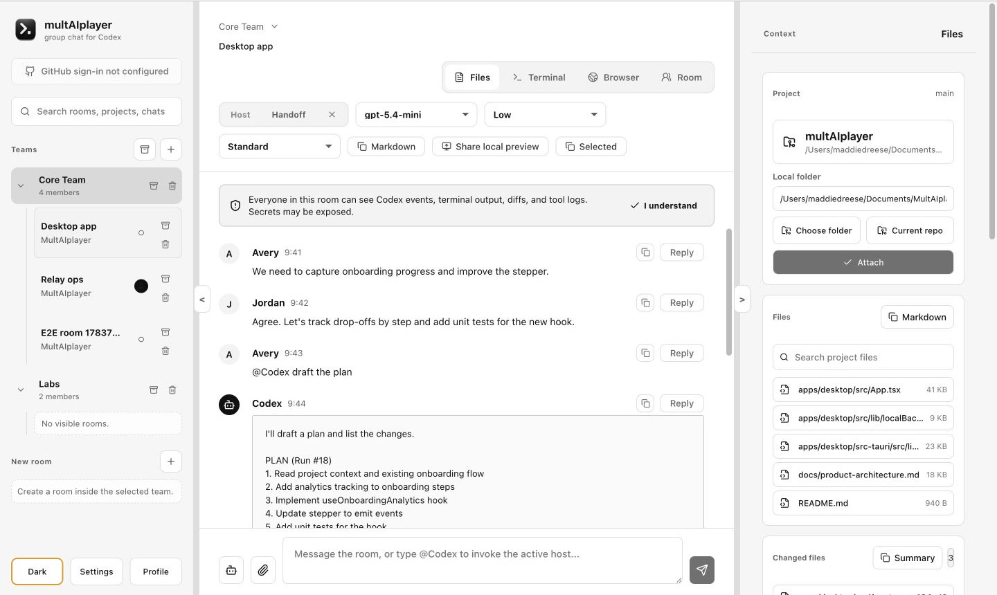 The current multAIplayer light interface with room tools, team chat, files, and GitHub workflow context